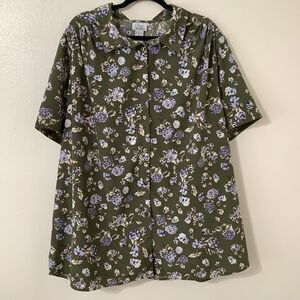 Vintage 90s Green Floral Cottagecore Retro Country Button Up Collared Shirt 2X